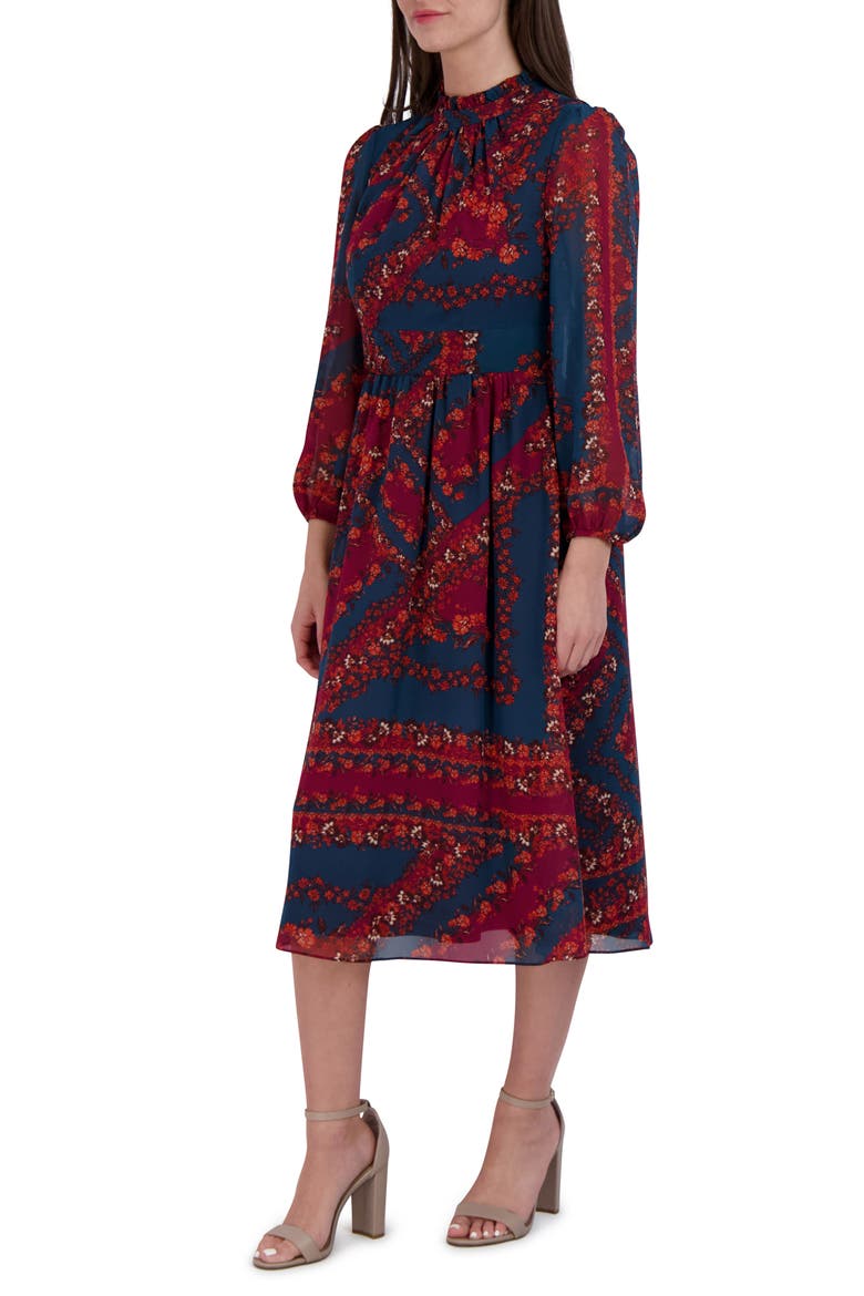Long Sleeve Mock Neck Midi Dress, Alternate, color, TEAL MULTI