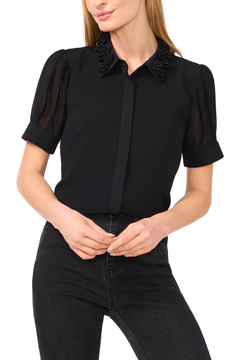 Floral Embellished Collar Georgette Top, Main, color, RICH BLACK