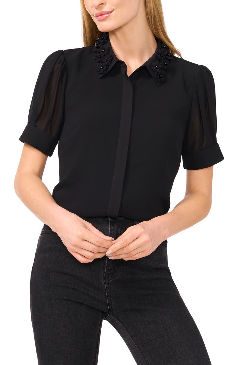 CeCe Floral Appliqué Button-Up Shirt, Main, color, Rich Black