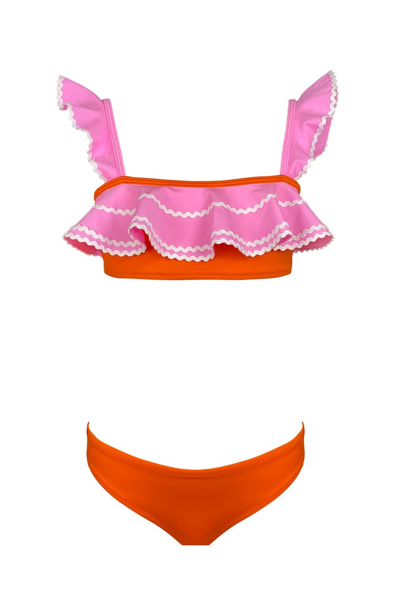 Bandeau Strap, Ruffle Ric-Rac Trim Two Piece Bikini, Little Kid-Big Kid, Main, color, Pink