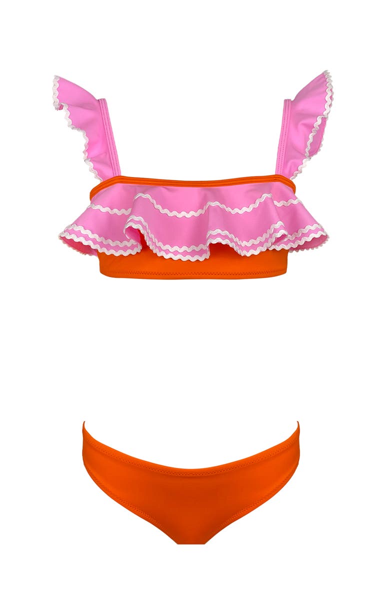 NESSI BYRD Bandeau Strap, Ruffle Ric-Rac Trim Two Piece Bikini, Little Kid-Big Kid, Main, color, Pink