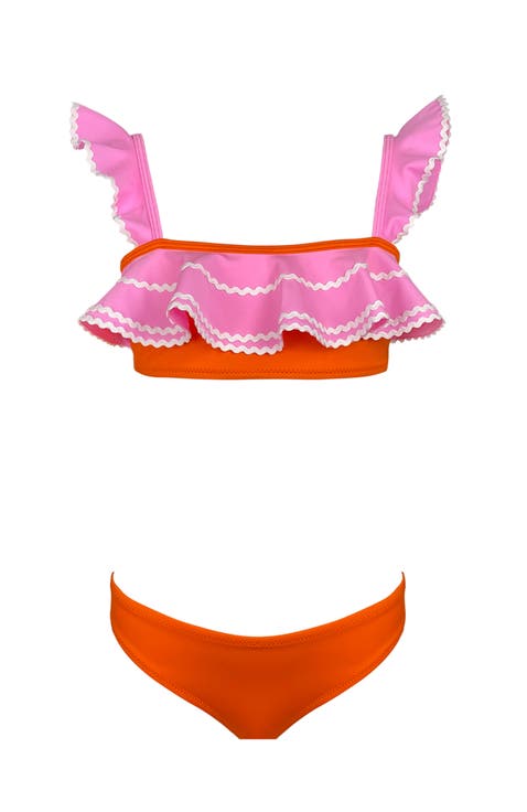 Bandeau Strap, Ruffle Ric-Rac Trim Two Piece Bikini, Little Kid-Big Kid