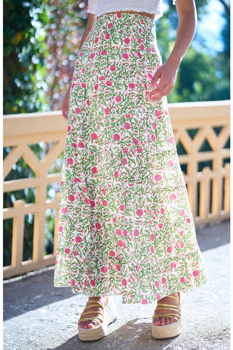 Boho Print Cotton Floral Maxi Skirt, Alternate, color, White