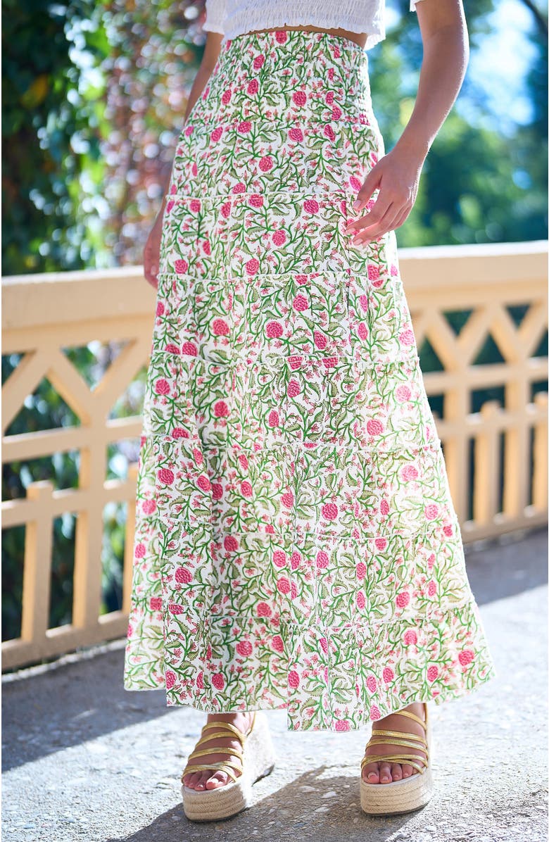 Yumi Boho Print Cotton Floral Maxi Skirt, Alternate, color, White