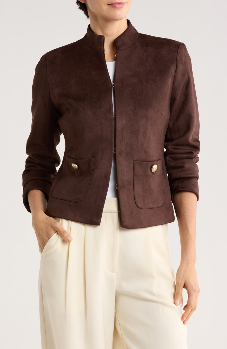 T Tahari Faux Suede Jacket, Main, color, Dark Chocolate
