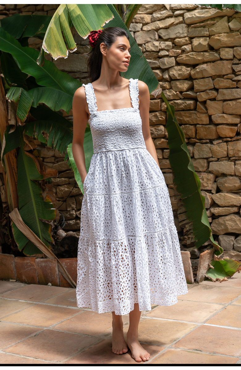 Change of Scenery Kristen Smocked Embroidered Tiered Midi Dress, Alternate, color, Fresh White
