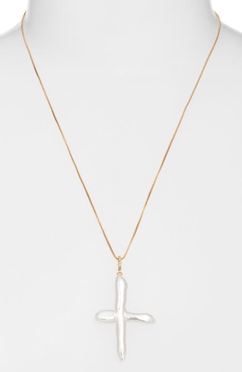 Child Of Wild Esther Freshwater Pearl Cross Pendant Necklace In Gold