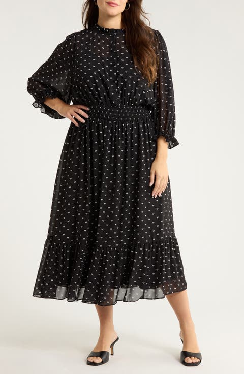 Irene Rosaly Bow Print Long Sleeve Smock Waist Dress (Plus)