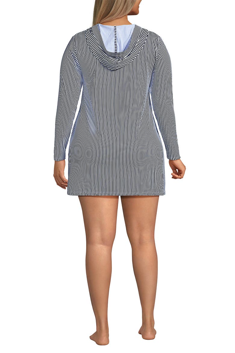 Plus Size SunShade UPF 50 Hooded Mini Swim Swim Cover-Up Dress, Alternate, color, Deep Sea Navy Mini Stripe