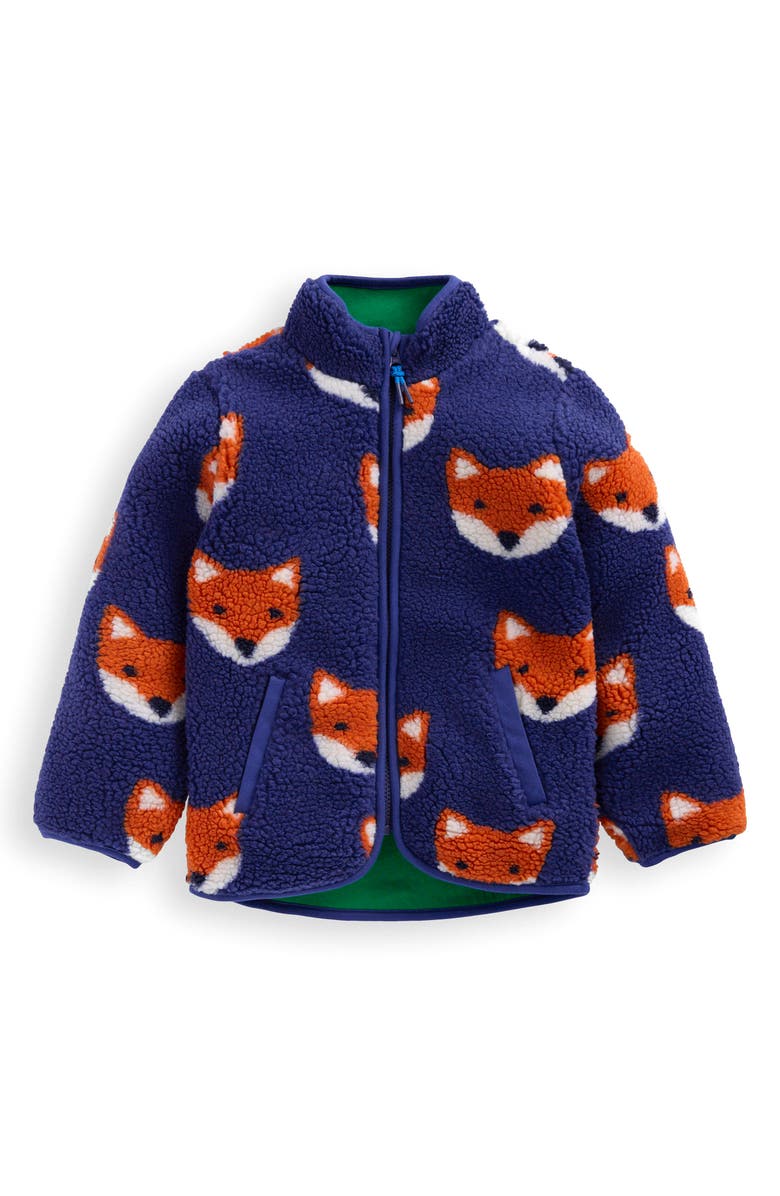 Mini Boden Kids' Fox Print Textured Fleece Jacket, Main, color, Sapphire Blue Foxes