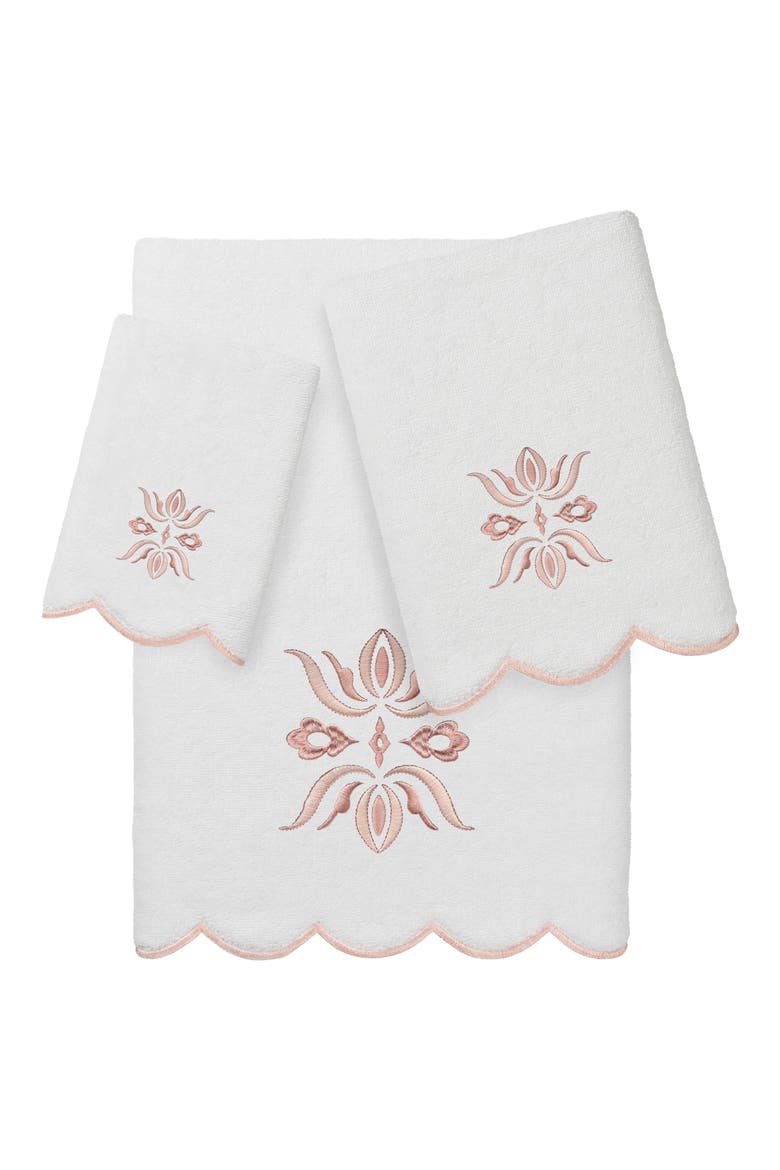 Flower Crest Scallop 3-Piece Towel Set, Main, color, WHITE/ PINK