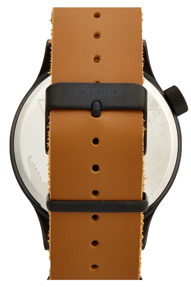 'Magnus' Oversized Round Dial Leather Strap Watch, 57mm, Alternate, color, BLACK COGNAC
