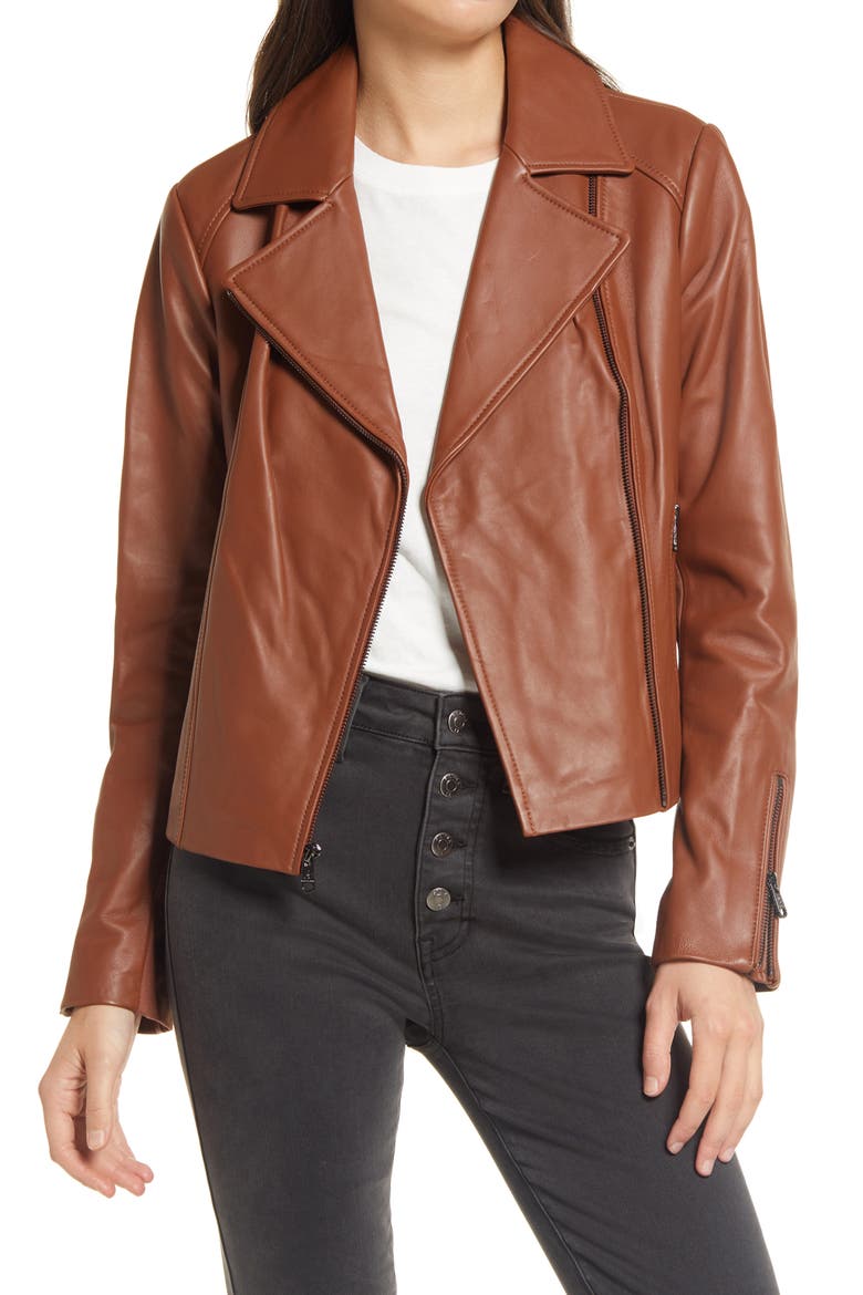 Leather Moto Jacket, Main, color, COGNAC