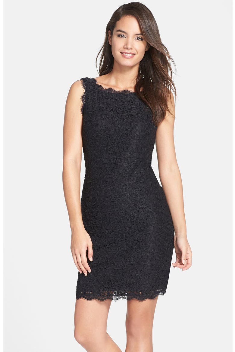 Boatneck Lace Sheath Dress, Main, color, BLACK
