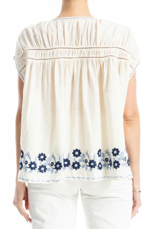 Max Studio Embroidered Half Button Top In White