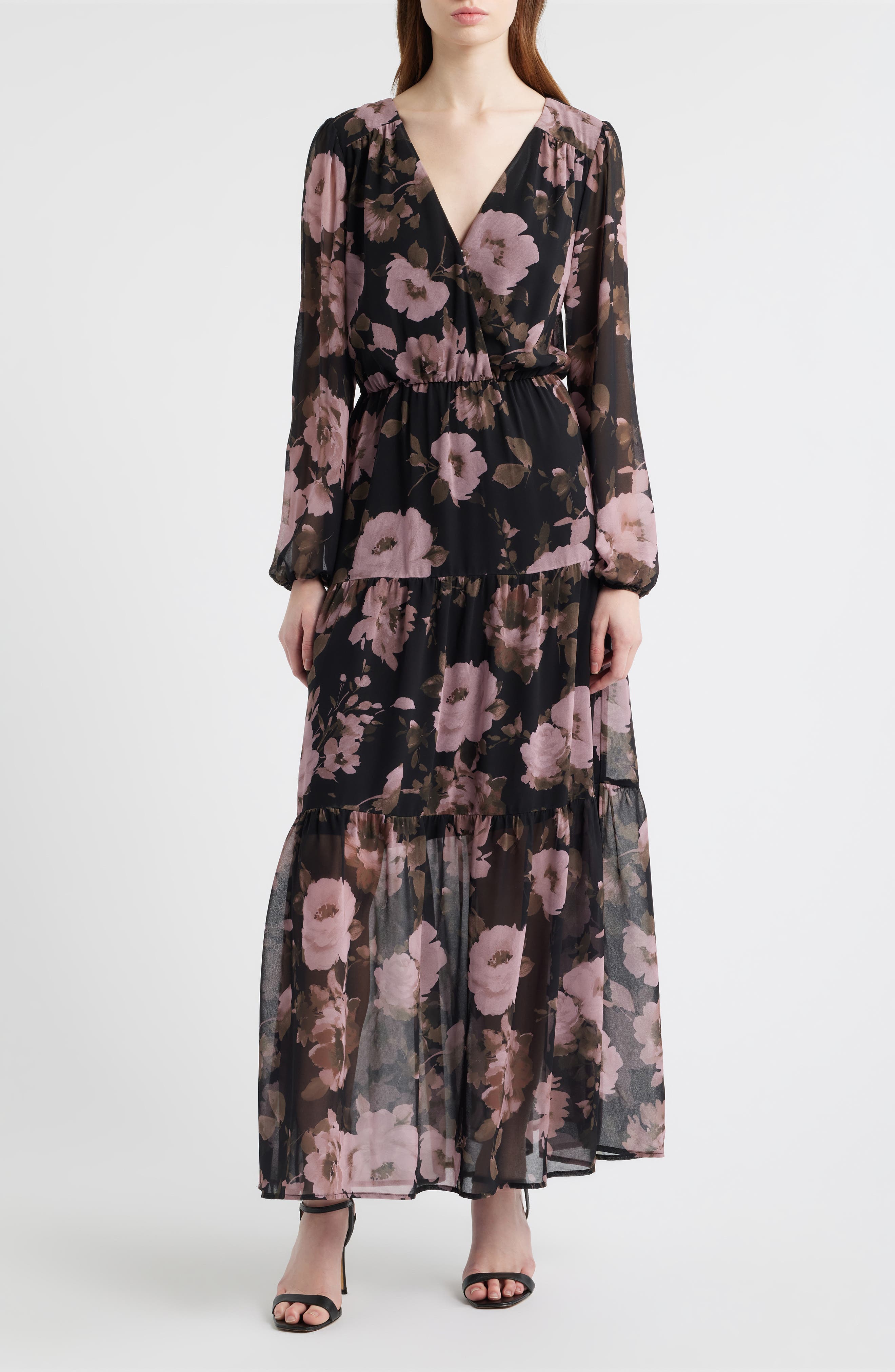 Chelsea28 Floral Print Long Sleeve Tiered Maxi Dress