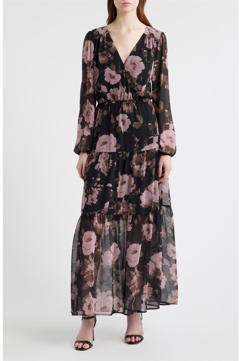 Floral Print Long Sleeve Tiered Maxi Dress, Main, color, BLACK FIONA FLORAL
