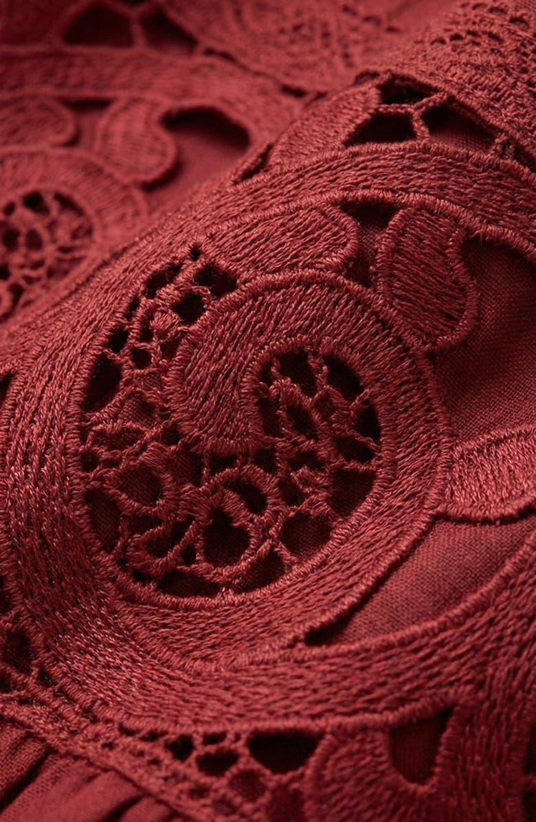 Modenaire Belted Tiered Lace Midi Dress, Alternate, color, Burgundy