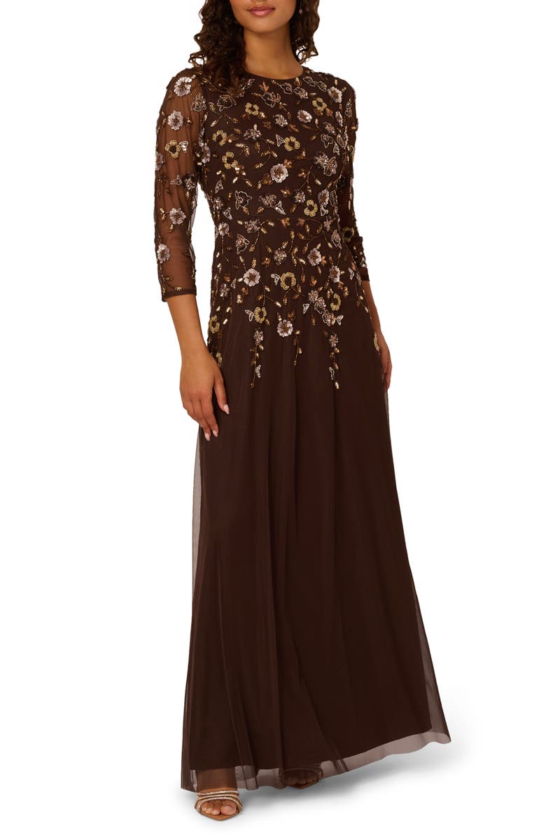 Adrianna Papell Beaded Mesh Gown, Main, color, Chocolate