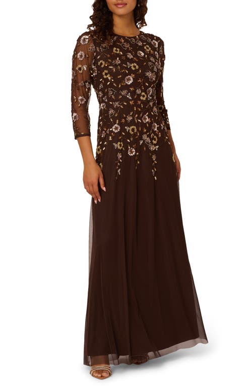Adrianna Papell Beaded Mesh Gown In Brown