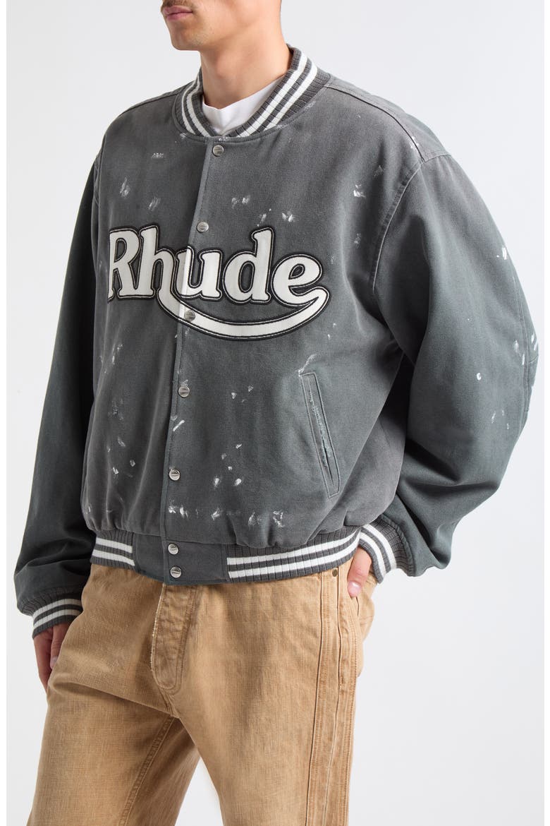 Inferno Washed Canvas Varsity Jacket, Alternate, color, FADED BLACK/ WHITE