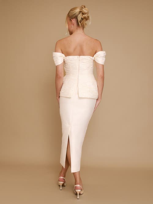 Six Stories Gathered Bardot Peplum Midi Dress In White