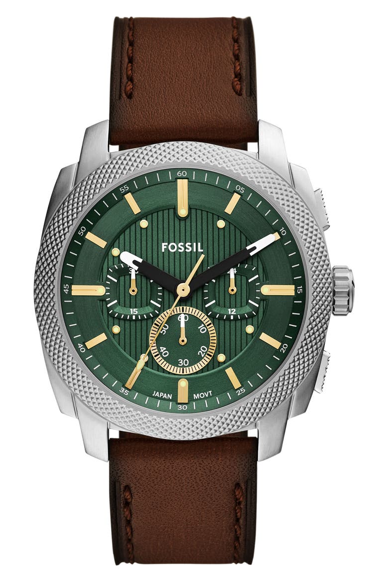 Machine Chronograph Leather Strap Watch, 44mm, Main, color, BROWN GREEN