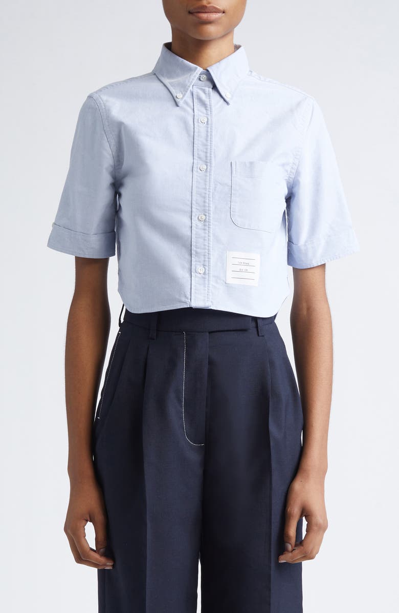 Thom Browne Cotton Oxford Crop Button-Down Shirt, Main, color, Light Blue