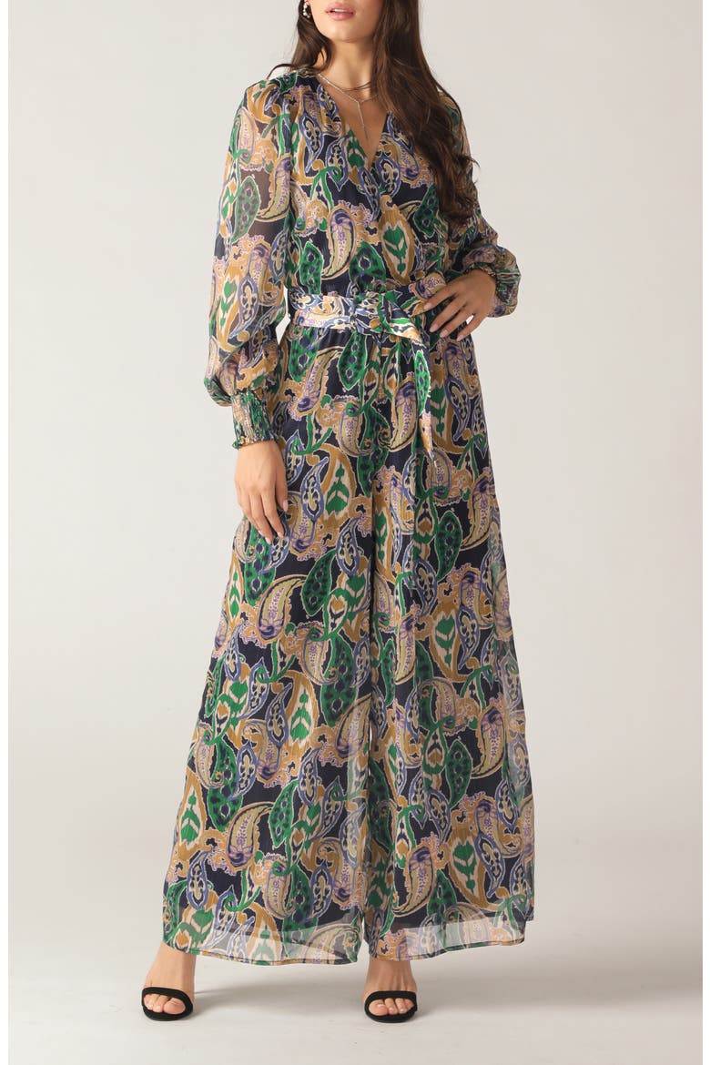 Print Long Sleeve Jumpsuit, Main, color, NAVY TEAL