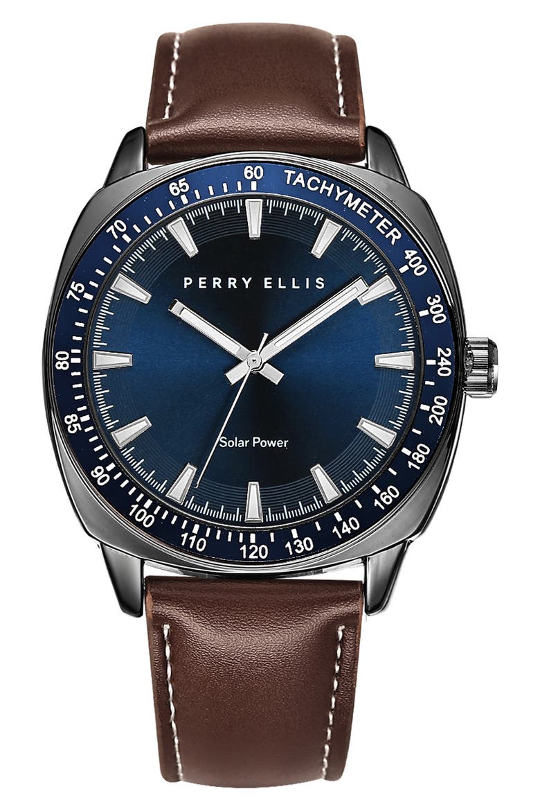 Solar Leather Strap Watch, 41mm, Main, color, GUNMETAL