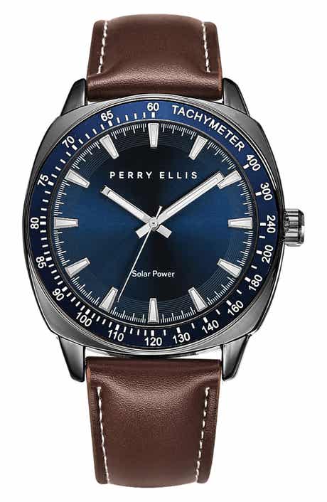 Perry Ellis Solar Leather Strap Watch, 41mm