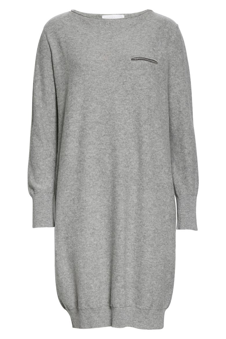 Beaded Pocket Long Sleeve Wool, Silk & Cashmere Sweater Dress, Alternate, color, GREY