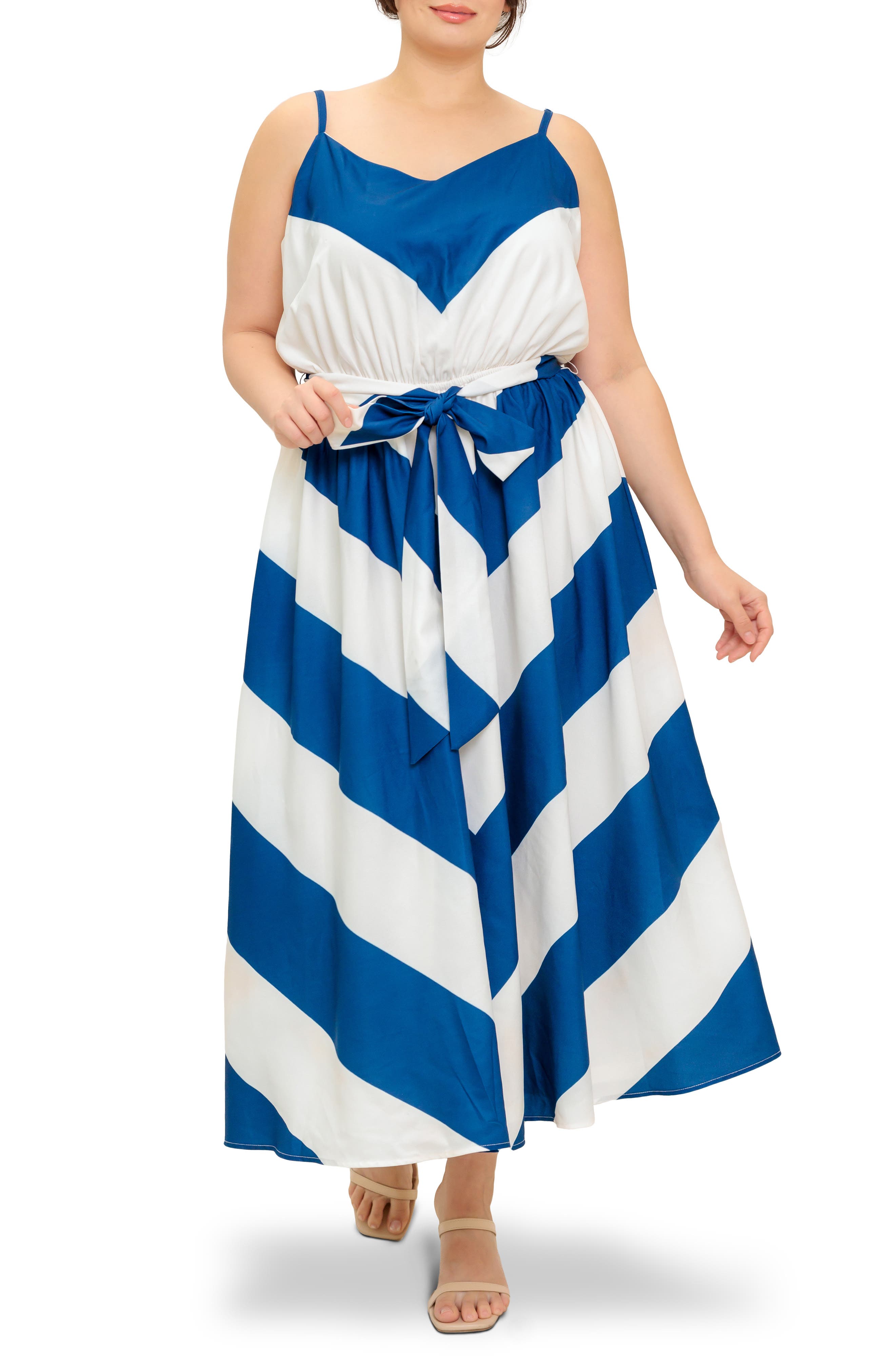 FLYING TOMATO Belted Chevron Maxi Sundress