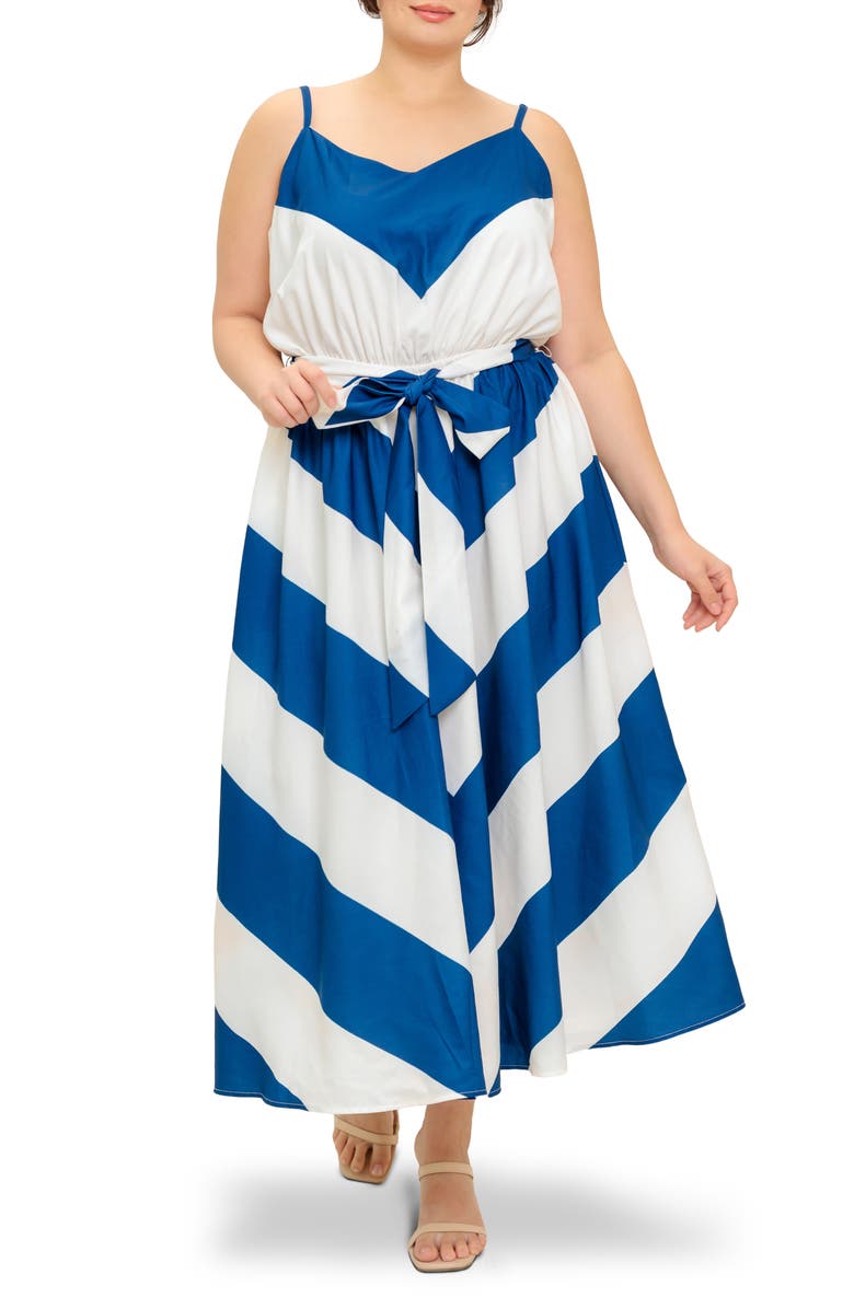FLYING TOMATO Belted Chevron Maxi Sundress, Main, color, Blue/White