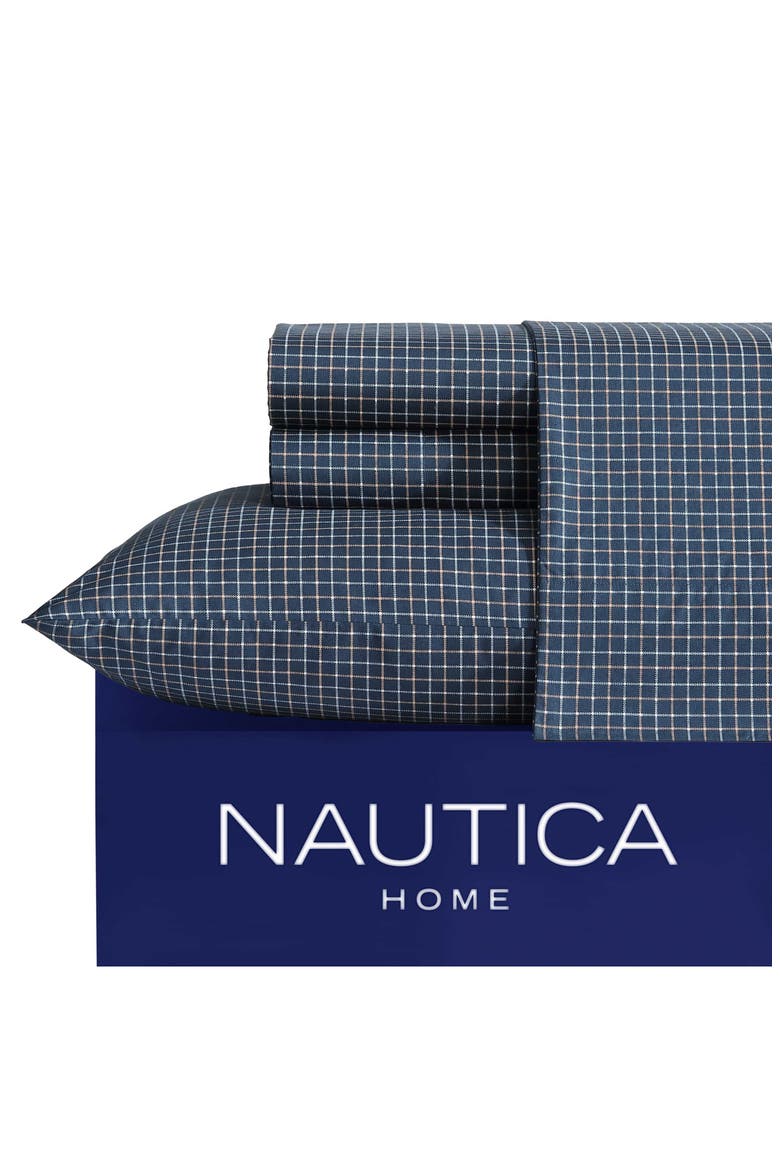 Reese Plaid 200 Thread Count Cotton Percale Sheet Set, Alternate, color, NAVY/ BEIGE
