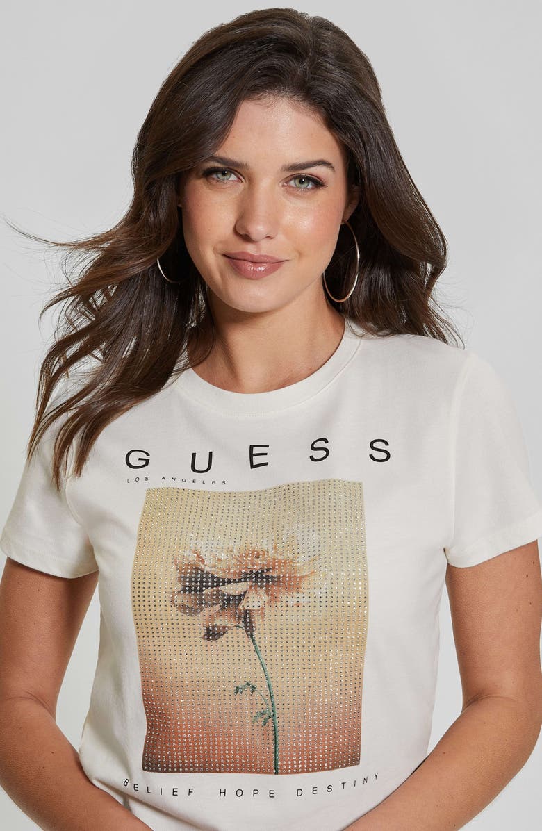 GUESS Beaded Floral Graphic Cotton T-Shirt, Alternate, color, 