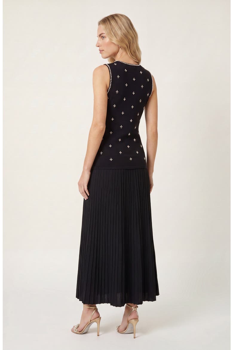 Pearl Embellished Pleated Midi Sleeveless Dress, Alternate, color, Black