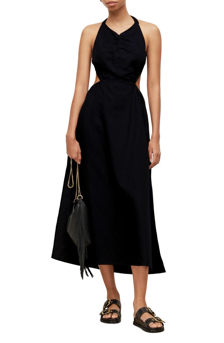 AllSaints Ludo Linen & Cotton Halter Dress, Alternate, color,