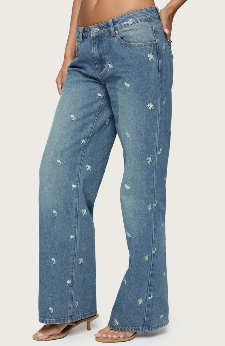 EDIKTED Edna Floral Embroidered Low Rise Wide Leg Jeans, Alternate, color, Blue-Washed