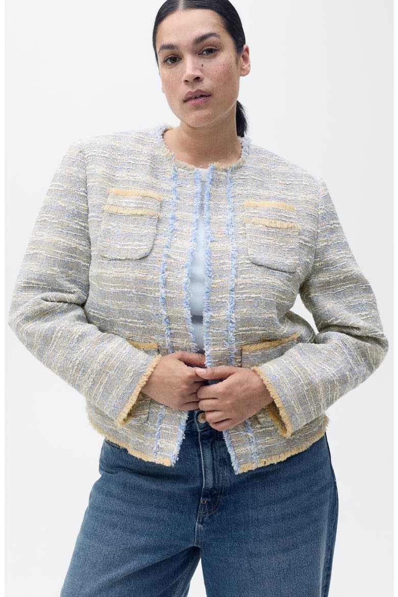 Fringe Detail Cotton Blend Tweed Jacket, Alternate, color, SKY BLUE