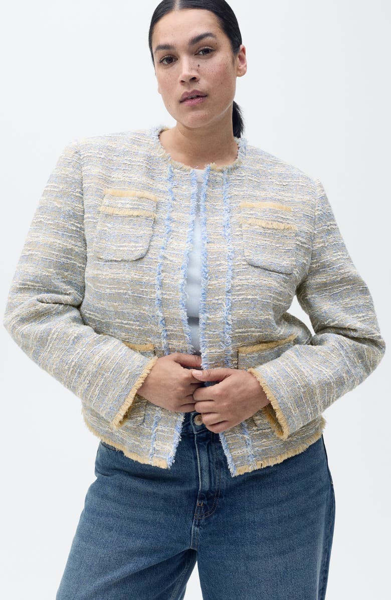 MANGO Fringe Detail Cotton Blend Tweed Jacket, Alternate, color, 