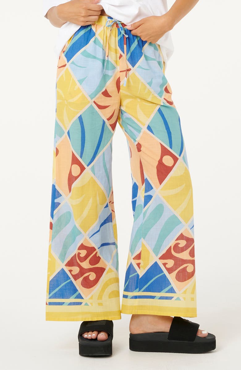 Rip Curl Print Tie Waist Wide Leg Pants, Main, color, Yellow Multi