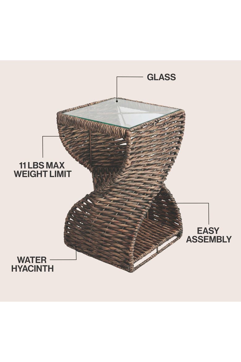 Suraya Bohemian Woven Swirl Square End Table with Glass Top, Open Storage Shelf, Hourglass Accent Side Table, Alternate, color, Brown