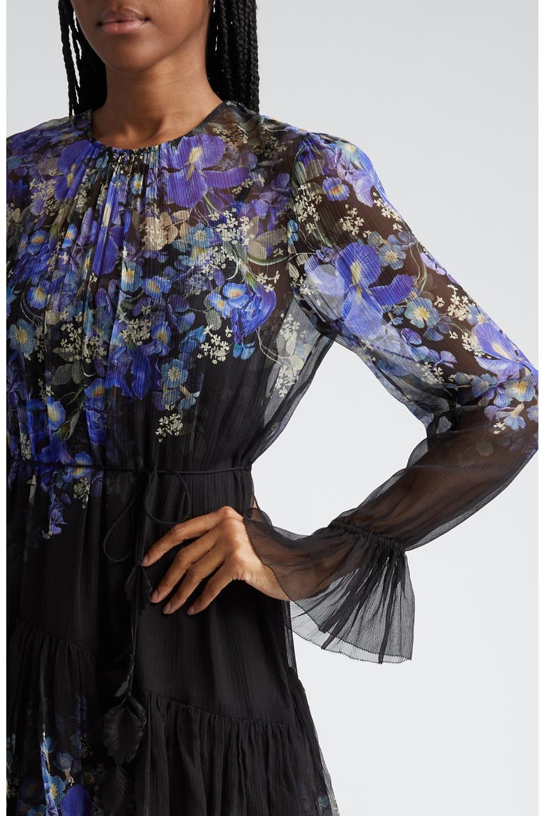 Lyrical Iris Print Tiered Ruffle Long Sleeve Silk Georgette Midi Dress, Alternate, color, BLUE IRIS BLACK