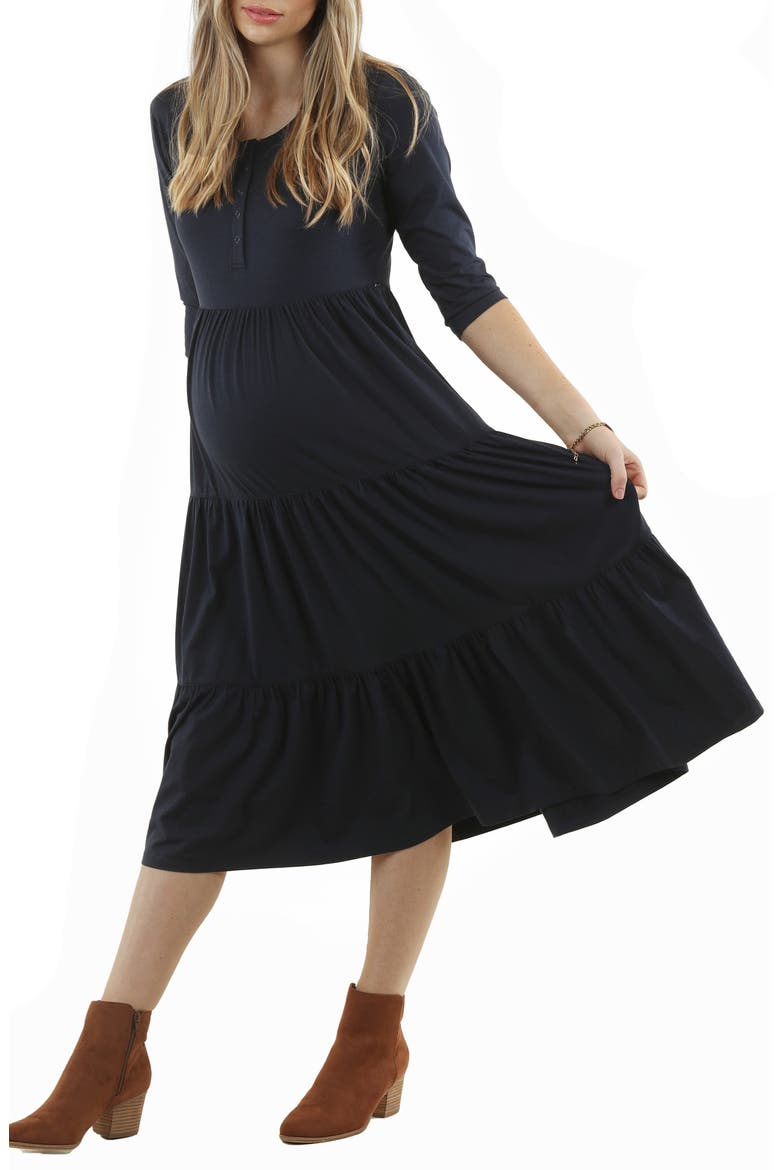 Tiered Maternity/Nursing Midi Dress, Alternate, color, NAVY