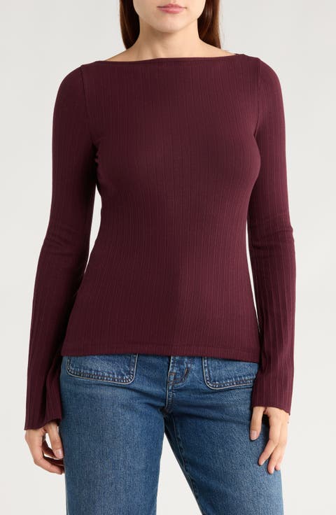 Boat Neck Long Sleeve Rib Top