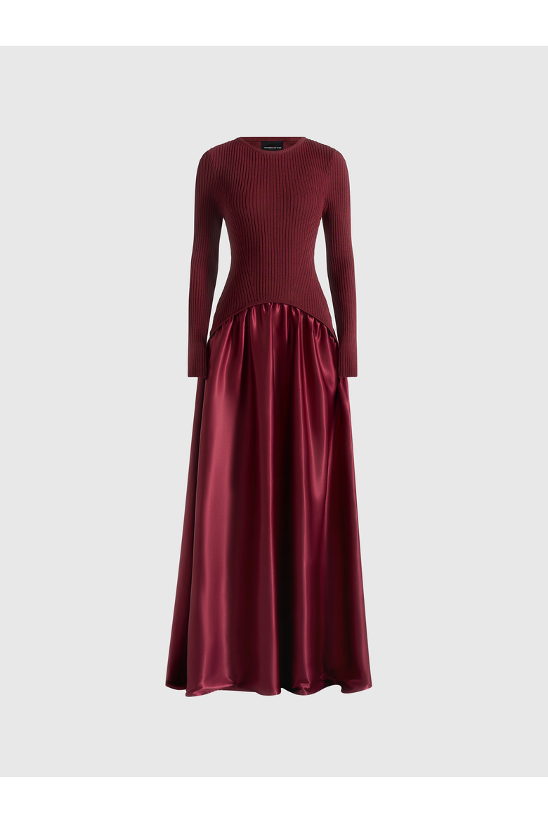 Adeline Knit & Satin Curved Hem Maxi Dress, Alternate, color, Wine Red