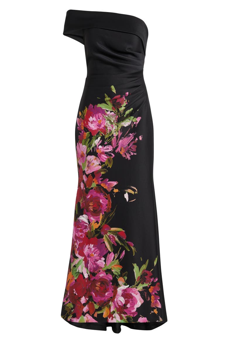 Placed Floral One-Shoulder Gown, Alternate, color, BLACK MULTI