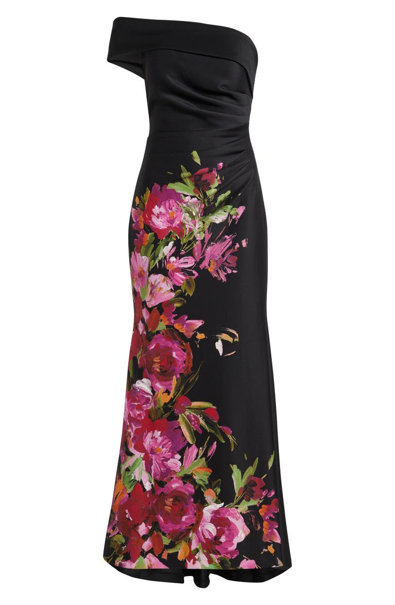 Eliza J Placed Floral One-Shoulder Gown, Alternate, color, Black Multi