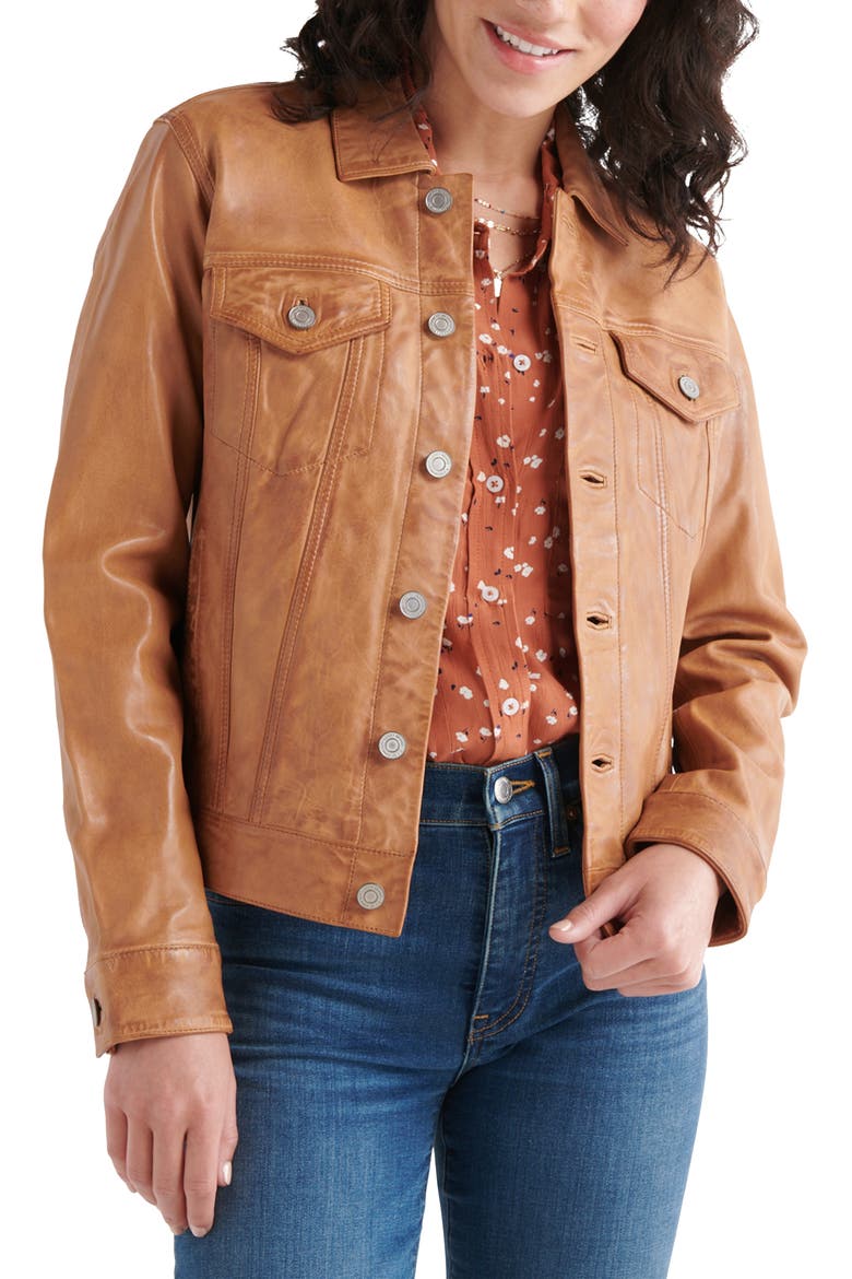 Leather Trucker Jacket, Main, color, COGNAC